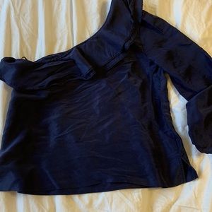 Gorgeous, never worn. One shoulder JCrew 100% silk ruffle navy blouse.